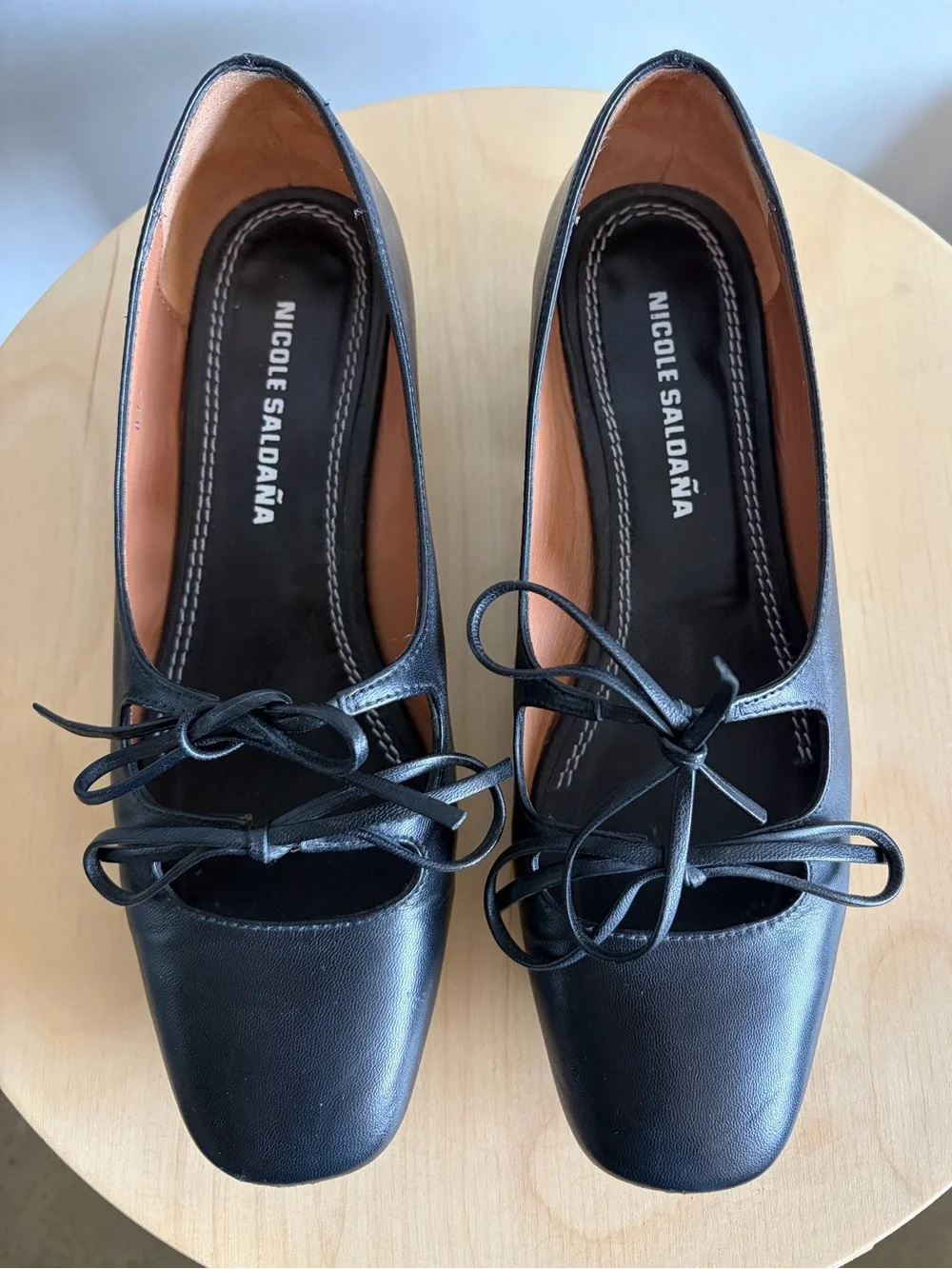 Nicole Saldaña Isabel Black Leather Tie-Front Mary Jane Ballet Heels - Picture 2 of 6
